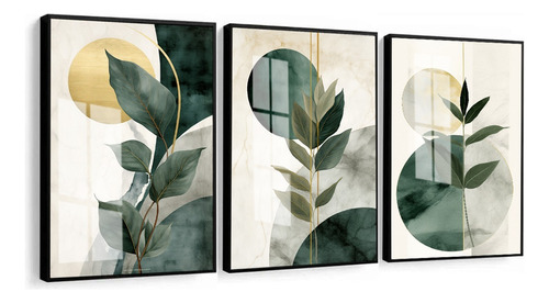 Kit 3 Quadros Decorativos Abstrato Folhagem Verde Com Vidro