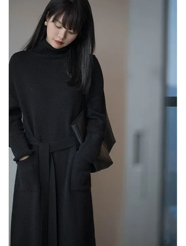 Elegante Vestido De Suéter Largo De Punto Con Cuello Alto Pa