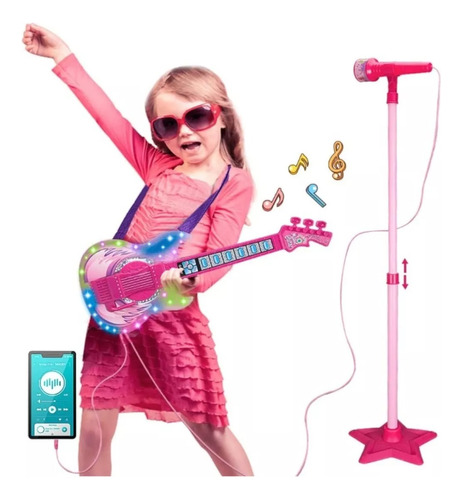 Set Guitarra Micrófono Pedestal Juguete Mp3 Luces Infantil