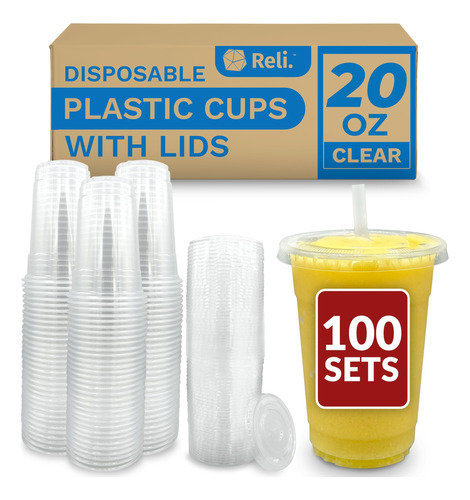 Reli. Vasos De Plastico Con Tapas, 20 Onzas (100 Juegos A Gr