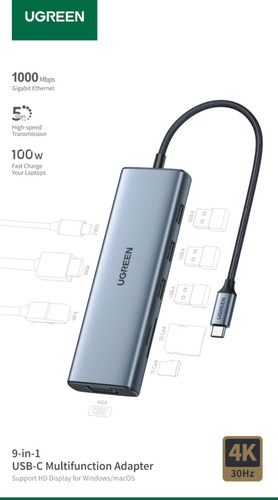 Docking Ugreen 9 En 1 C Hdmi 4k Vga Usb 3.0 Sd Tf Pd C 100w