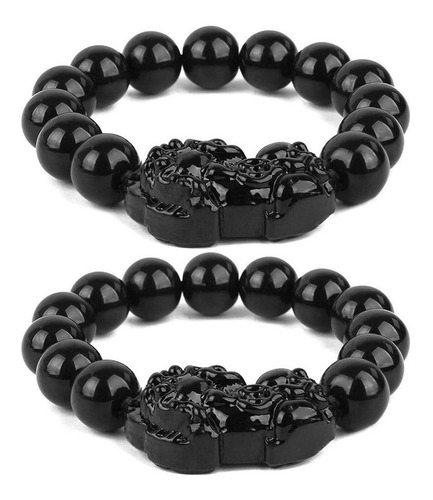 Pulsera Pixiu Feng Shui Negra Obsidiana Riqueza, 2 Unidades