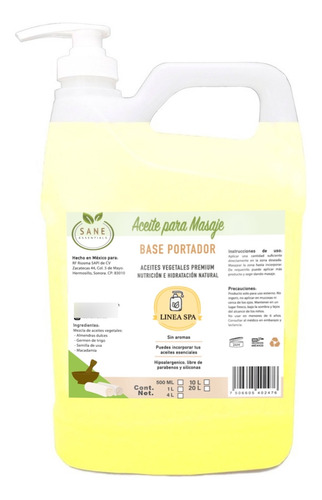 Aceite Vegetal Para Masaje Base Portador 4 Litros Sane