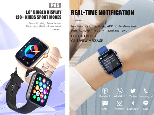 Reloj Smart Watch P45 Hombre Mujer P/ Samsung Android iPhone