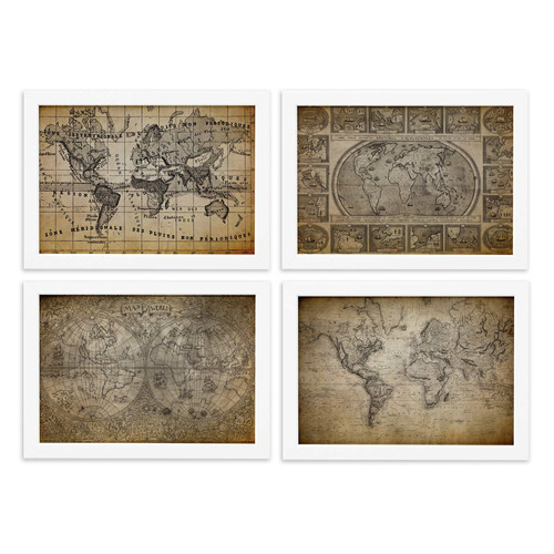 Quadros Mapas Antigos Vintage Moldura Branca 33x43cm Kit 4un