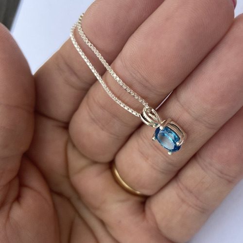 Imagem 5 de 6 de Colar Topázio Azul Prata 925 Oval 8x6mm- Corrente Veneziana