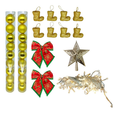 Kit Bola Pisca-pisca Ponteira Enfeite E Laço P/ Árvore Natal Cor Dourado Liso