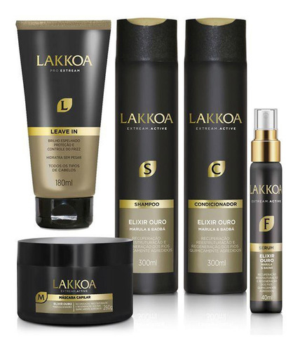 Kit Completo Elixir Ouro Lakkoa Sh Cond Masc Serum Leave In