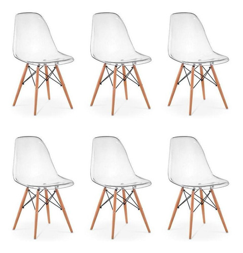 Kit 06 Cadeiras Eiffel Wood Policarbonato - Transparente