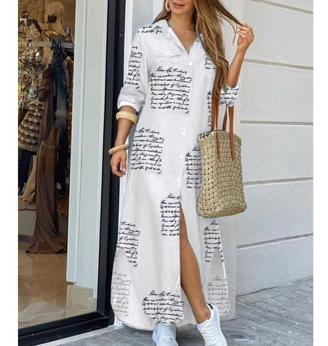 Loose Shirt Dress With Button And Printed Pockets
