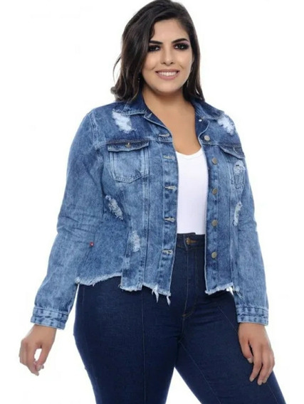 Jaqueta Jeans Plus Size Feminina Destroyed | Parcelamento sem juros