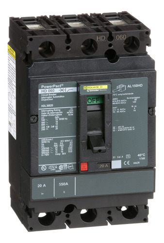Hdl36020 Circuit Breaker, Powerpact H, 20a, 3 Pole, 600vac,