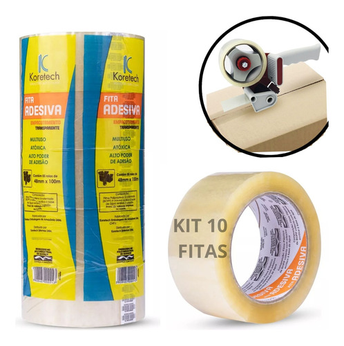 Fita Adesiva Transparente 48 Mm X 100 Metros Kit 10 Rolos 