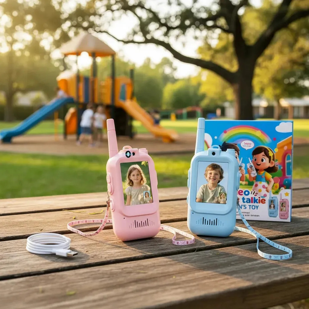 Kit 2 Walkie Talkie Infantil Chamada Vídeo Recarregável 300m Tela e Modulador De Voz Rosa e Azul