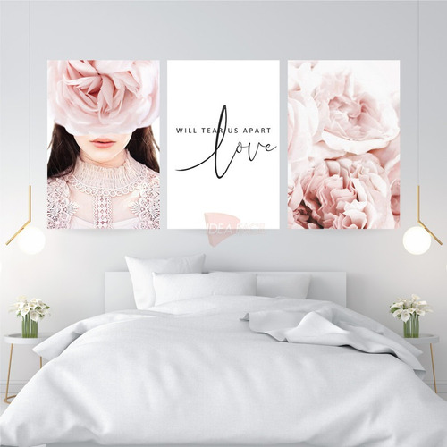 Set 3 Cuadros Rosas Frase Love Sala Canvas Grueso 60x40