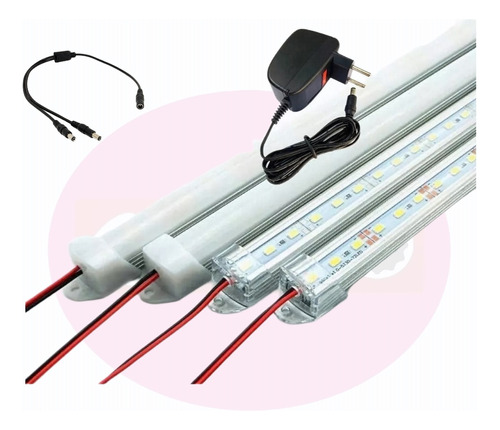 02 Barra Led 12 V 40cm Branco C/ Calha C/ Plug E Fonte