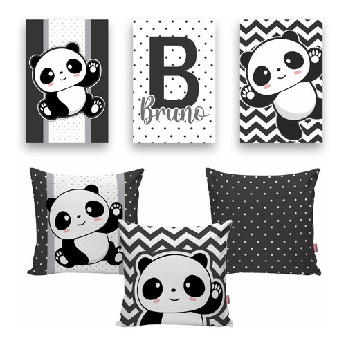 Kit 3 Placas + 3 Capas Almofadas Panda Personalizada Nome