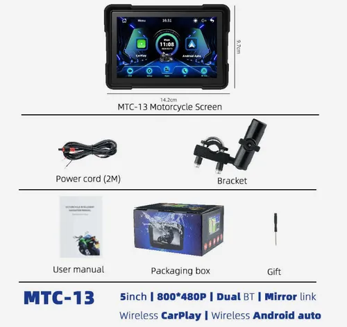 Pantalla Monitor Moto Con Carplay Android Mtc-13 Negro