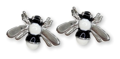 Aros Botón De Plata 925 De Abeja Esmaltado Negro Y Blanco