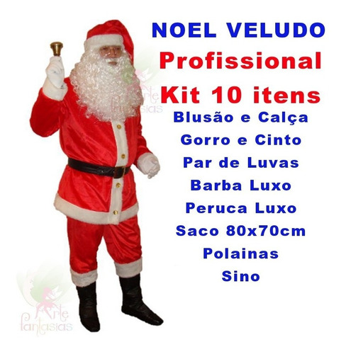 Fantasia De Papai Noel Veludo Roupa Profissional - 10 Itens