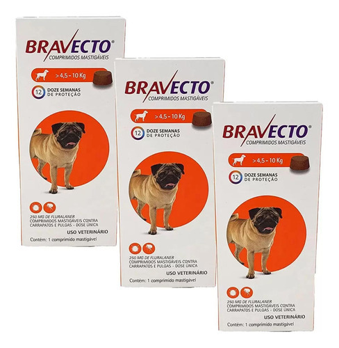 Combo De 3 Bravecto Para Cães De 4,5 A 10kg - 250mg - Msd