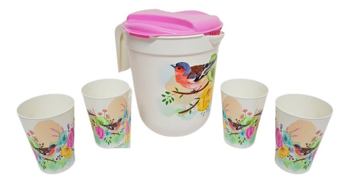Juego Jarra 3 Litros Decorada Con 4 Vasos Y Tapa