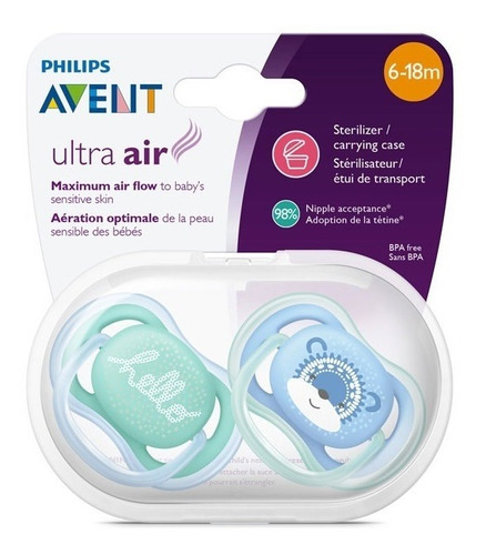 Imagen 1 de 3 de Chupetes Avent Silicona Ultra Air 6-18 /22m X 2