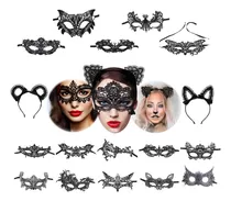 Comprar 15+5 Máscaras Venecianas Negro Encaje Antifaz Carnaval Antifaces Para Fiestas Diadema De Gato Tiara Accesorios Para El Cabello Cosplay Mujer Halloween Disfraz Gato