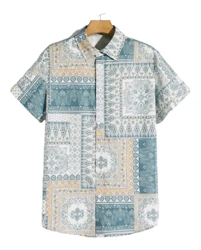 Shein Hombres Camisa Con Estampado Floral Paisley Azul Beige