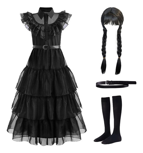 Vestido De Wednesday Addams Disfraz Negro Cosplay Baile Escolar Trajes Chicas Fiesta Halloween Navidad