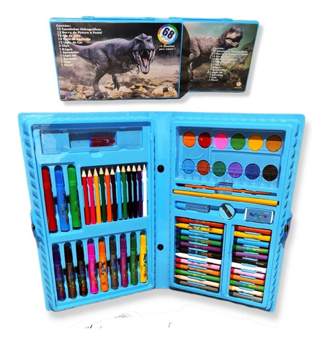 Imagem 2 de 4 de Kit Estojo Escolar Azul Maleta De Pintura 68 Peças Qualidade