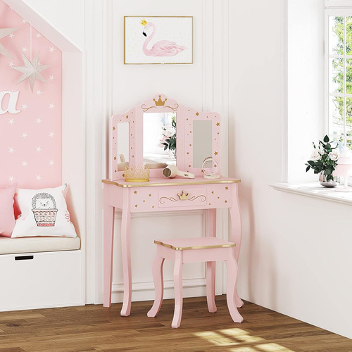 Utex Juego De Tocador Para Niños Con Espejo Y Taburete Rosa