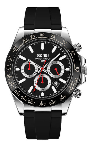 Reloj Hombre Skmei 9275 Acero Fecha Cronografo Elegante Color de la malla Negro Color del fondo Plateado/Negro