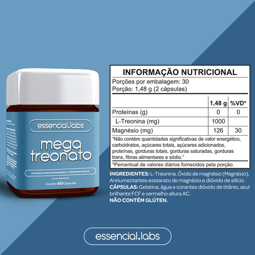 MEGA TREONATO 500mg - MAGNÉSIO com Fórmula desenvolvida para a Memória e Cognição - 60 Cápsulas