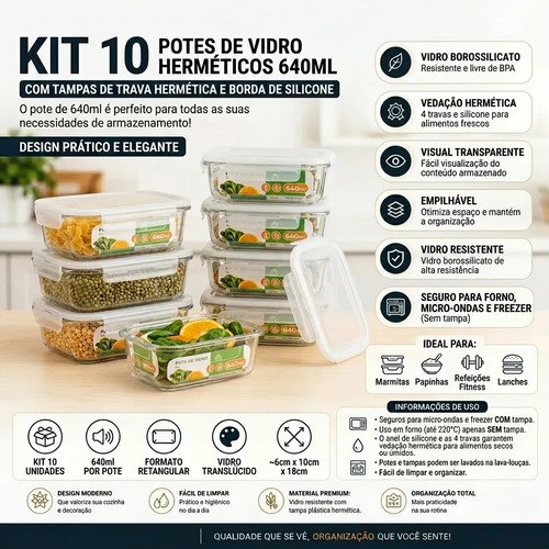 Kit 10 Potes Herméticos De Vidro 640ml Haushop Tampa Vedação Firme Para Geladeira E Despensa Organização Da Cozinha