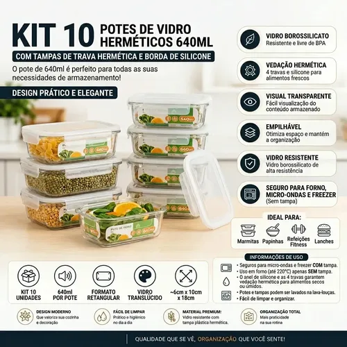 Kit 10 Potes Herméticos De Vidro 640ml Haushop Tampa Vedação Firme Para Geladeira E Despensa Organização Da Cozinha  Transparente