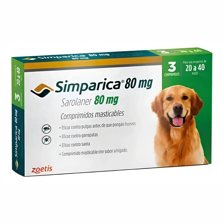 Comprimido Masticable Simparica 80mg para Perros de 20 a 40 kg, Pack con 3 Unidades