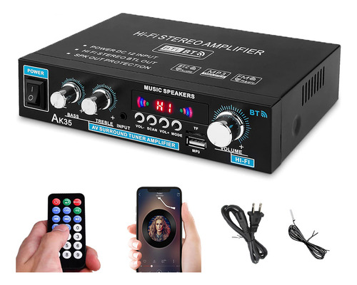 Amplificador De Audio Estereo Bluetooth Mini Automoción/hogar 2 Canales Aux/fm/mp3/rca/usb Alta Potencia Alto Rendimiento Calidad De Sonido Hifi Menor Ruido Con Mando A Distancia