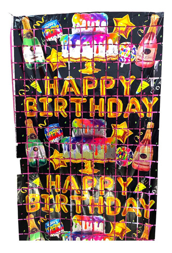 1 Cortina Metalica De Cuadros 1x2mts Negra De Happy Birthday