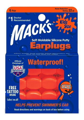 Protector de orejas de silicona Kids Macks Putty para niños, 6 pares