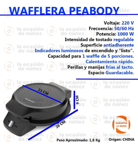 Imagen 2 de 7 de Wafflera Peabody Electrica Antiadherente Tostado Regulable