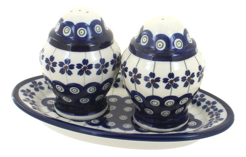 Blue Rose Polish Pottery Flower Peacock Salt Pepper Shaker