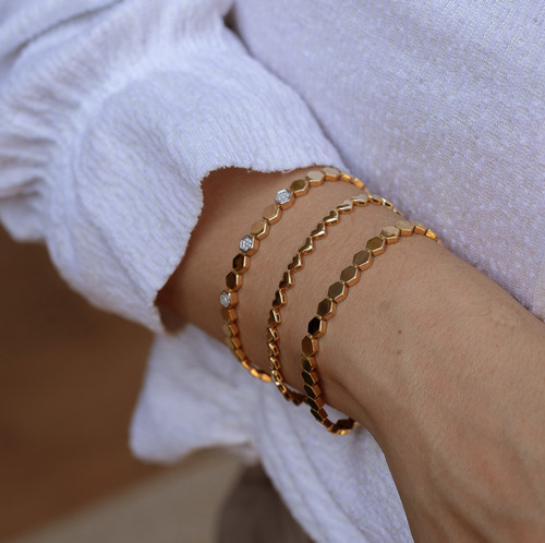 Pulseira De Ouro 18k Com Diamantes 17cm Hexagonal Hexágonos