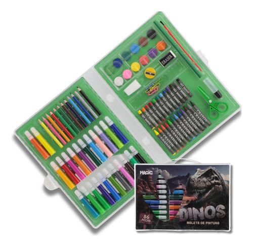 Maleta Kit De Pintura Escolar Infantil 86 Peças Dinossauros