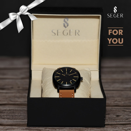 Reloj Minimalista Elegante Seger 9169 Analogico Fecha Cuero Color De La Malla Negro/azul
