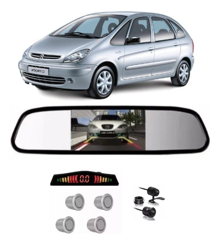 Kit Retrovisor + Câmera 2x1 + Sensor Ré Prata Xsara Picasso