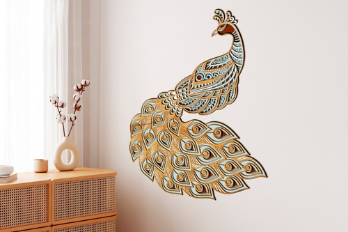 Figura De Pared Decorativa Pavo Real Ave En Madera