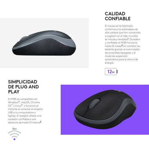 Mouse Óptico Inalámbrico Logitech M185, Win Mac Linux, Azul