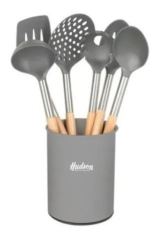 Set 6 Utensilios Nylon Con Mango Madera Hudson Gris Base Mov