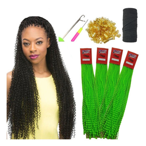 Cabelo Micro Zizi Miojo 4 Pacote + Agulha+ 10 Anel +lastex Cor Verde 80g - F12